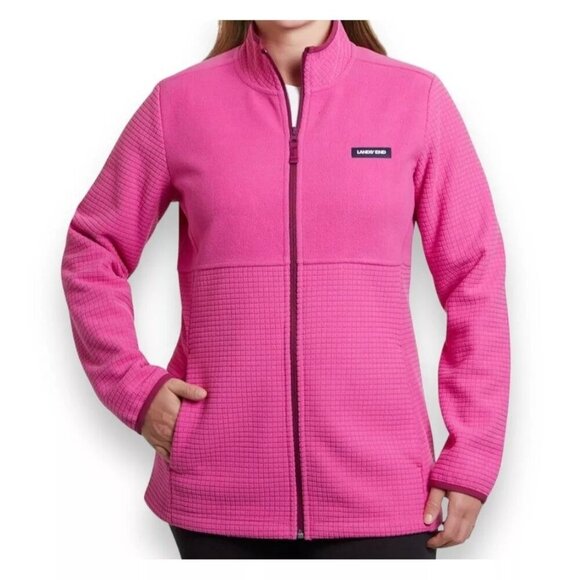 Lands' End Pink Grid Fleece Full Zip Up Jacket Womens Size Large Outdoor Casual - Picture 1 of 10